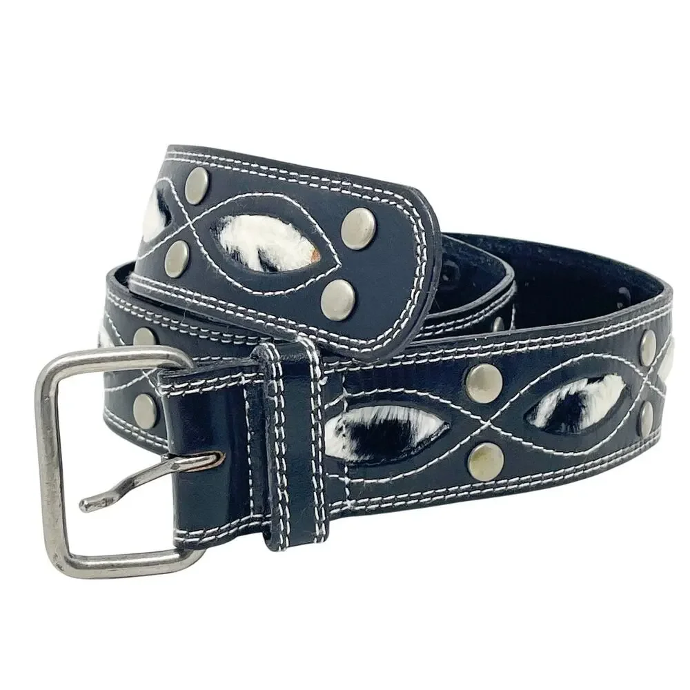 Vintage Women's Black Leather Belt White Stitching Small Western Rodeo Cowgirl